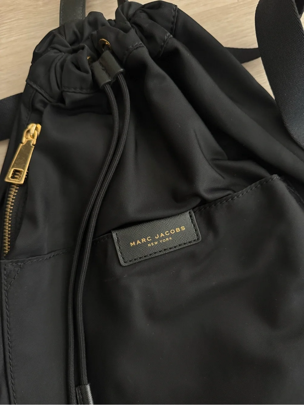 Like New Marc Jacobs Black Nylon Drawstring Backpack with Gold Hardware